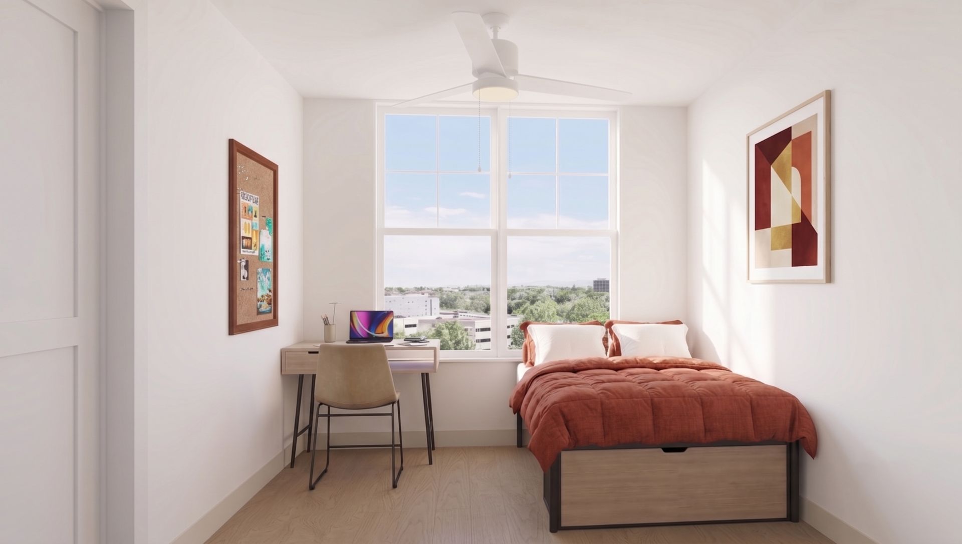 Furnished bedroom rendering in a modern Brickside apartment, featuring a bed, desk, chair, and window with natural light.