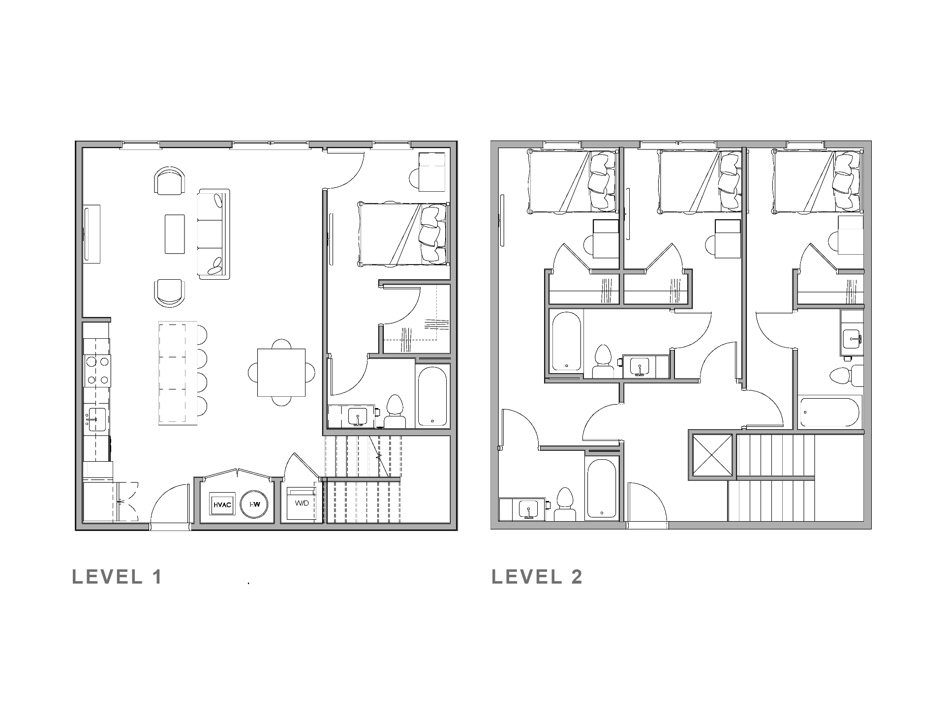 2D floor plan of a two-story 4-bedroom D4A apartment at Brickside, showing the layout of bedrooms, living areas, kitchen, bathrooms, and stairs.