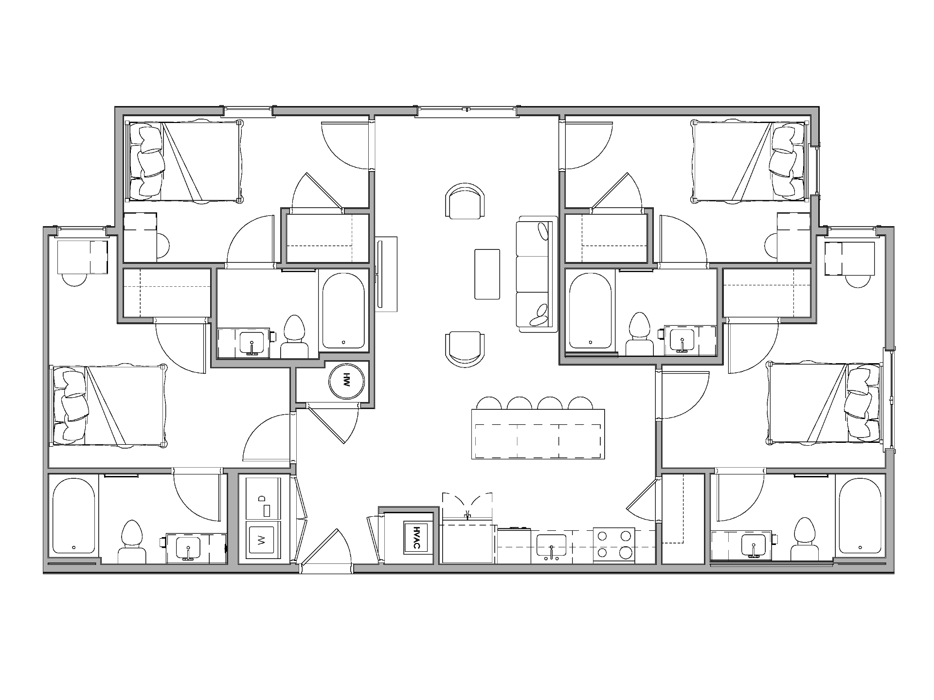 2D floor plan of a two-story 4-bedroom D1B apartment at Brickside, showing the layout of bedrooms, living areas, kitchen, bathrooms, and stairs.