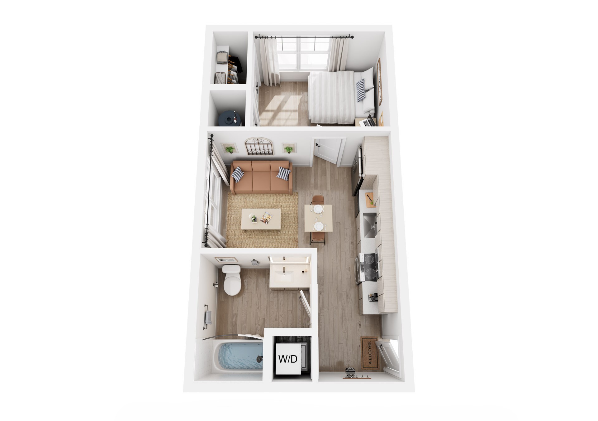 3D rendering of 1-bedroom A1A apartment, furnished bedroom, living room, kitchen, and bathroom.