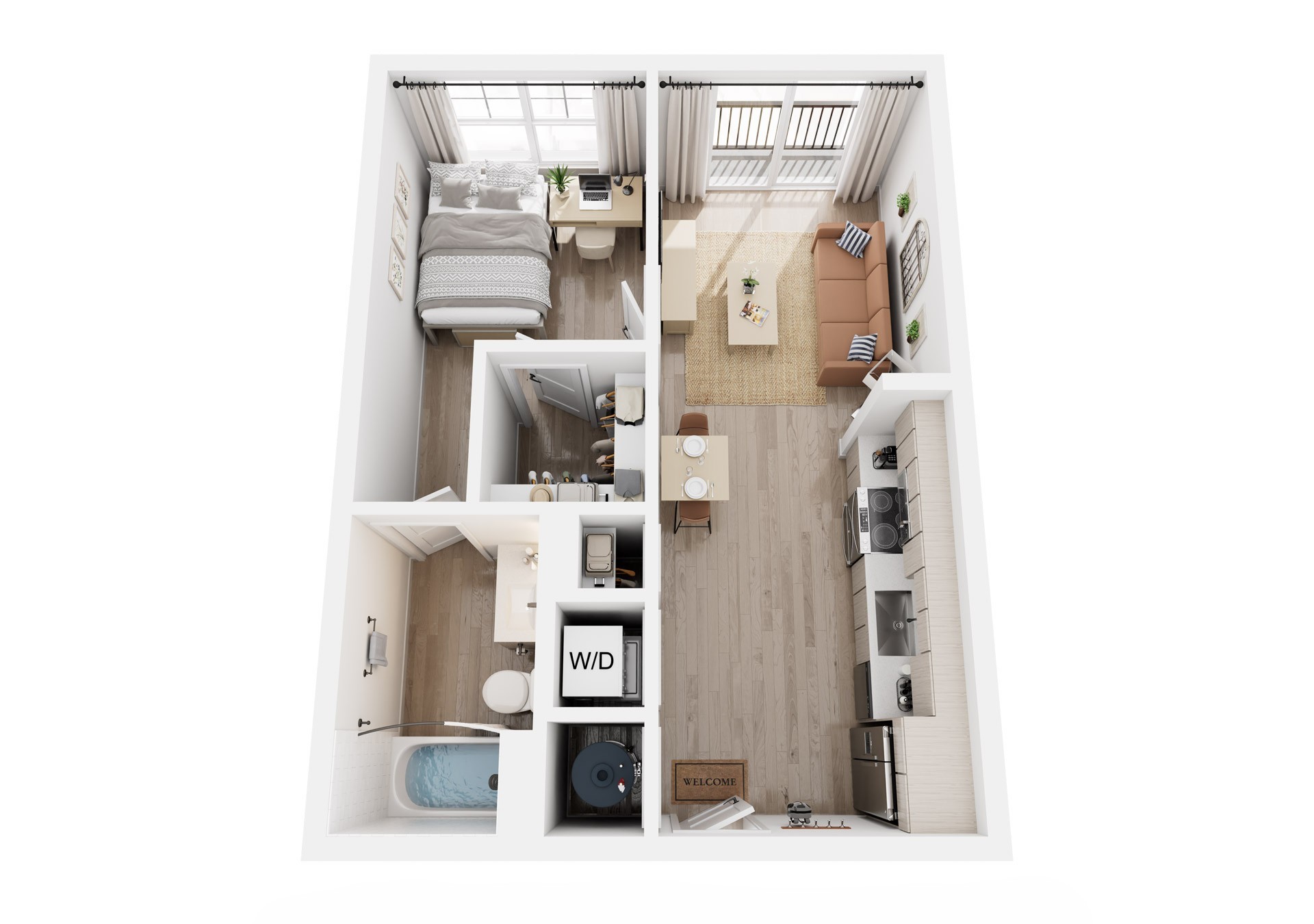 3D rendering of a 1-bedroom A2A apartment, furnished bedroom, living room, kitchen, and bathroom.