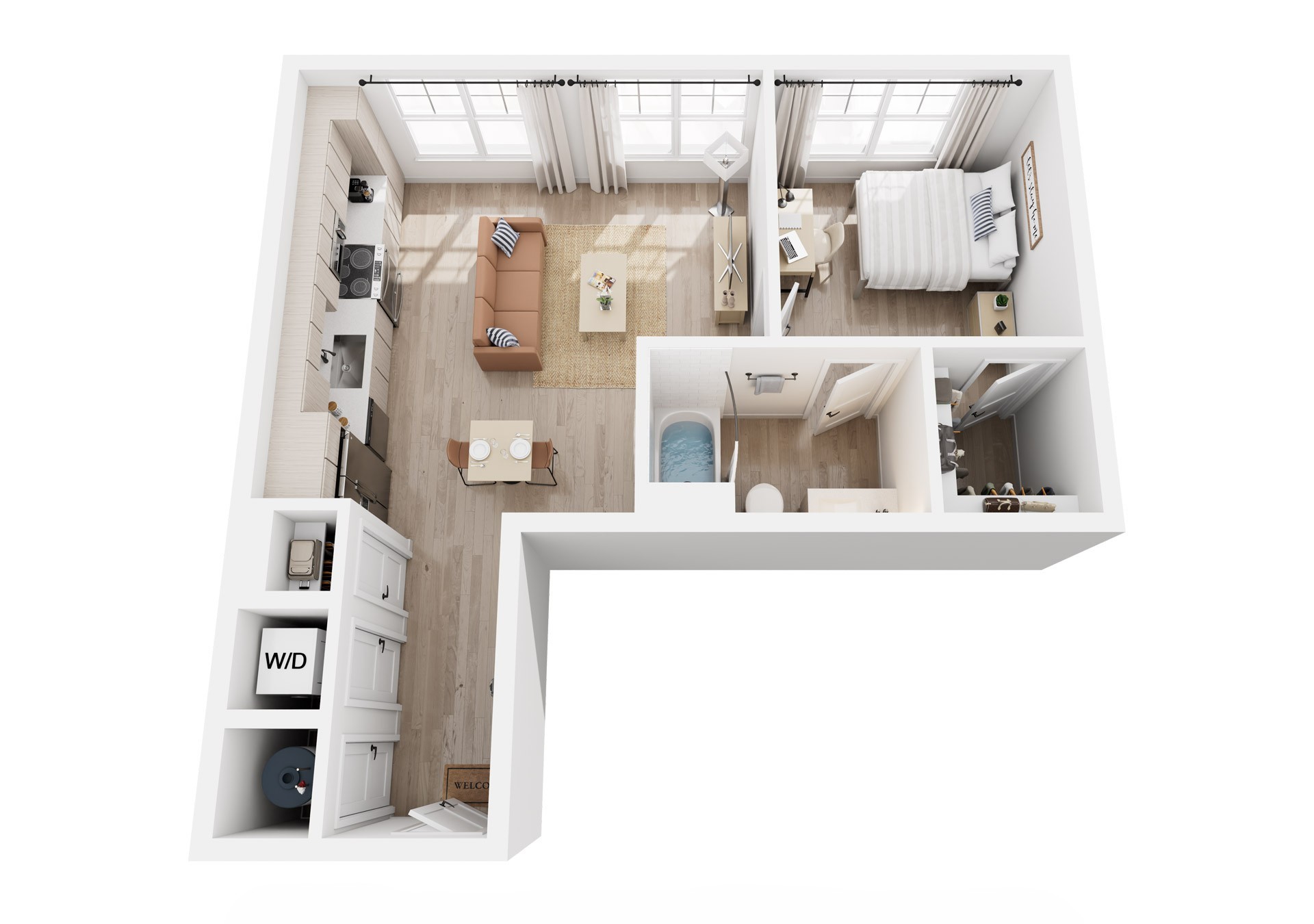3D rendering of a 1-bedroom A3A apartment, furnished bedroom, living room, kitchen, and bathroom.
