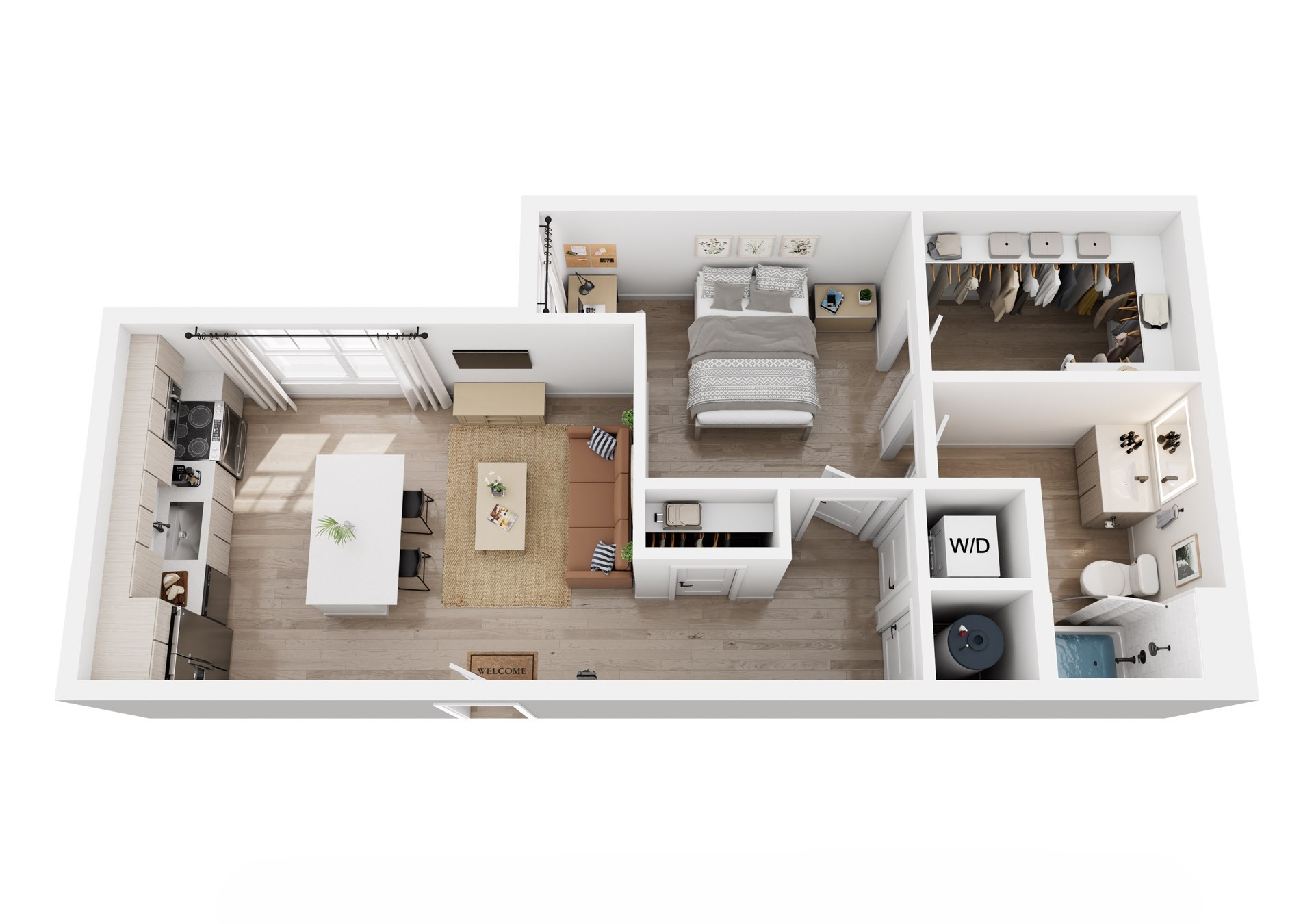 3D rendering of a 1-bedroom A4A apartment, furnished bedroom, living room, kitchen, and bathroom.