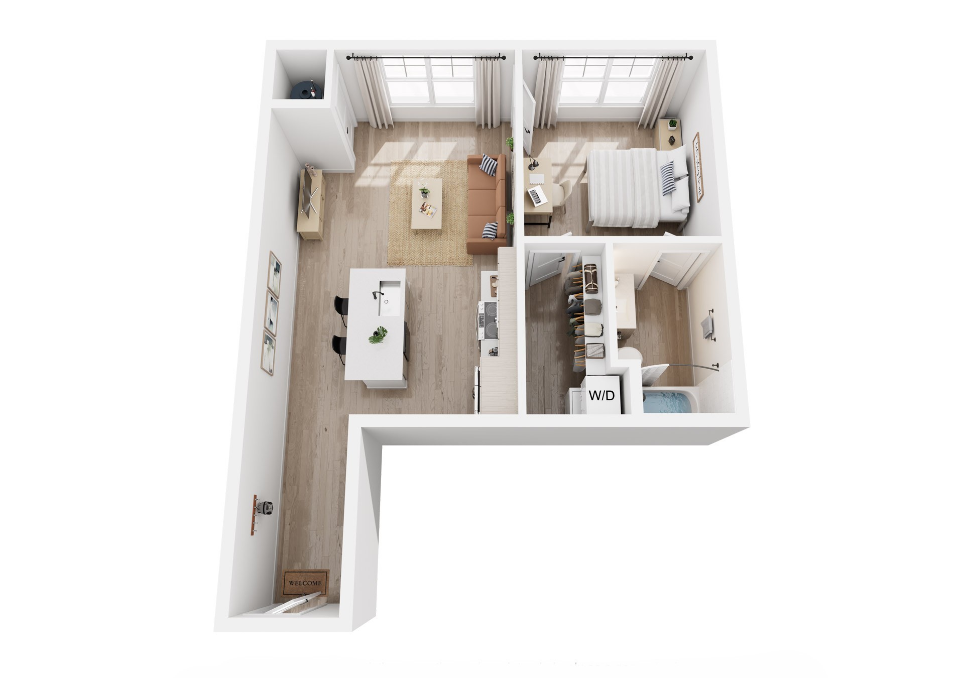 3D rendering of a 1-bedroom A4B apartment, furnished bedroom, living room, kitchen, and bathroom.