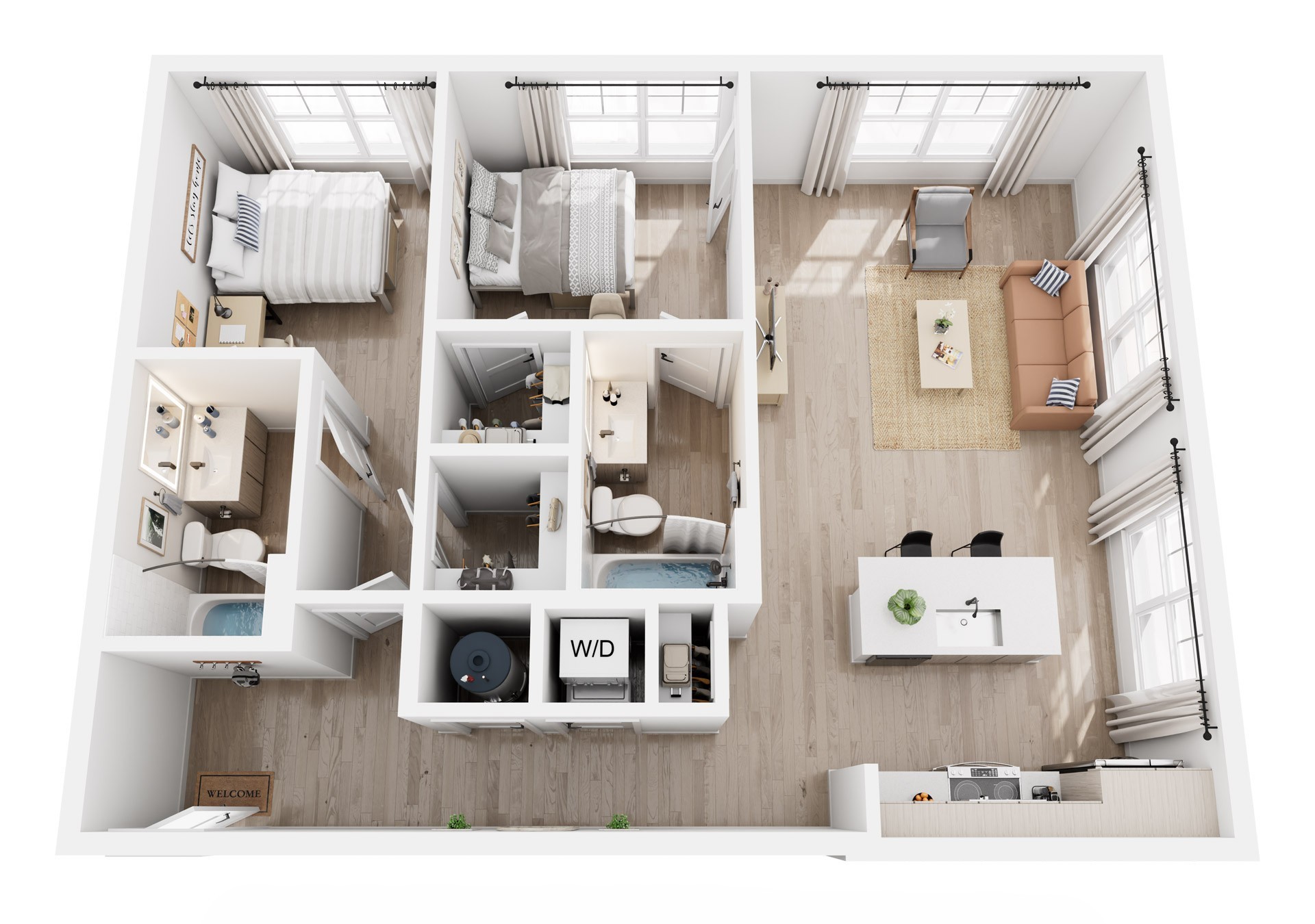 3D rendering of 2-bedroom B1A apartment , furnished bedrooms, shared living room, kitchen, and bathrooms.