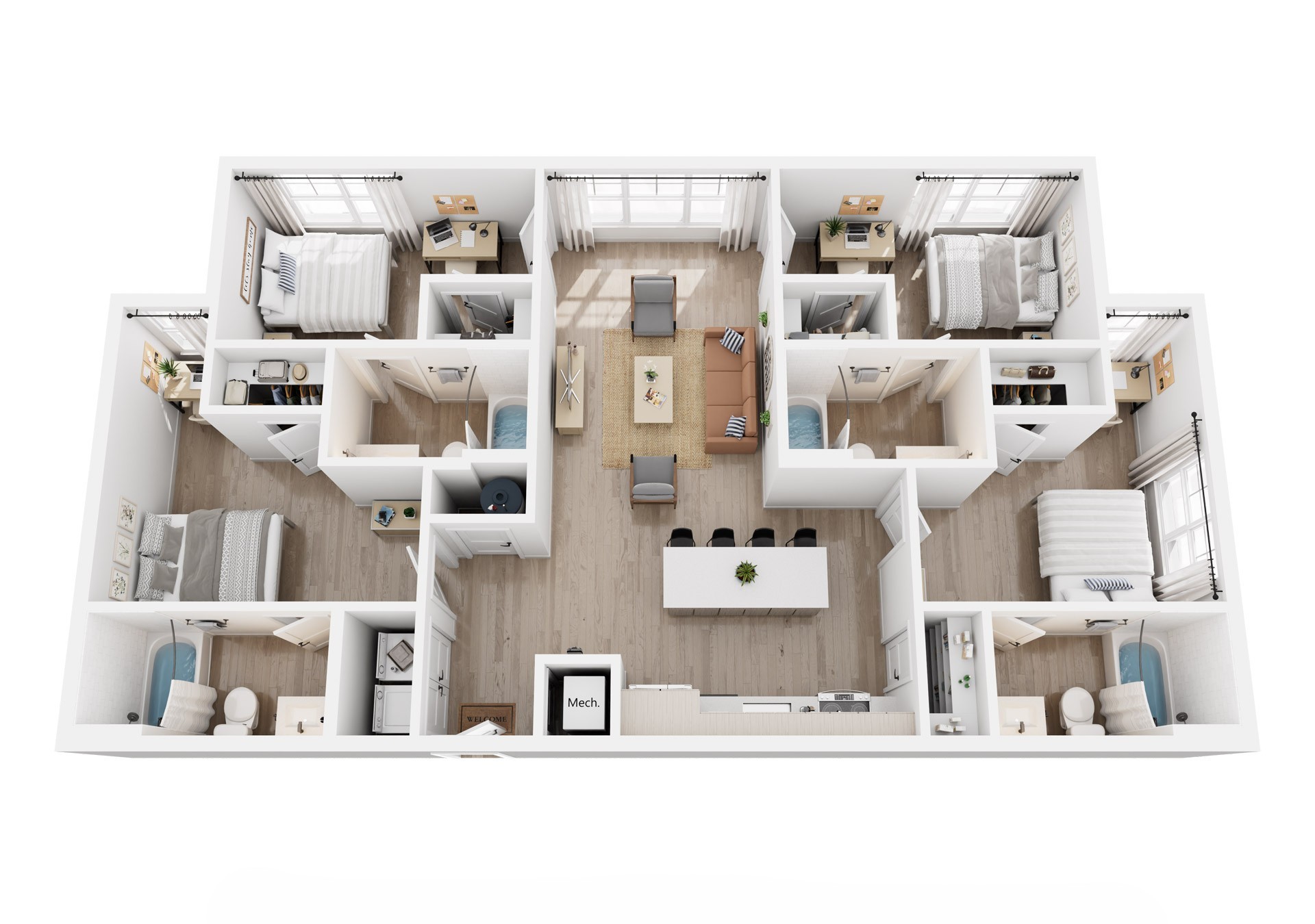 3D rendering of 4-bedroom D1A apartment, furnished bedrooms, shared living room, kitchen, and bathrooms.