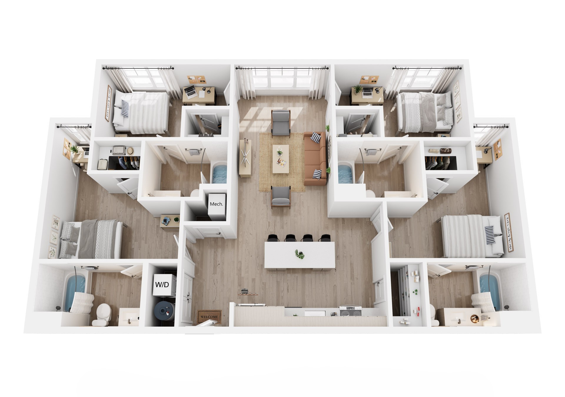 3D rendering of a 4-bedroom D2A apartment, furnished bedrooms, shared living room, kitchen, and bathrooms.