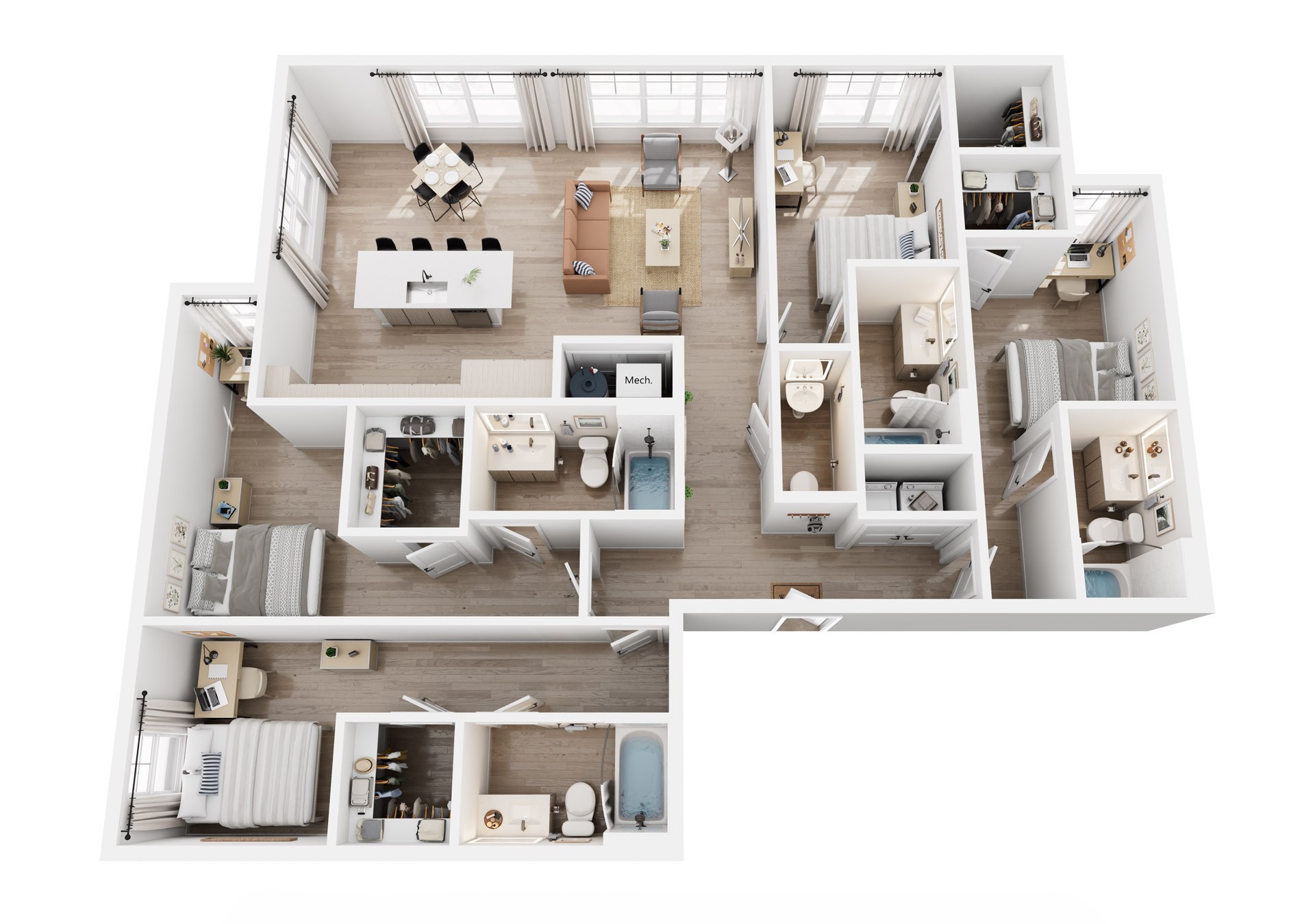 3D rendering of 4-bedroom D3A apartment, furnished bedrooms, shared living room, kitchen, and bathrooms.