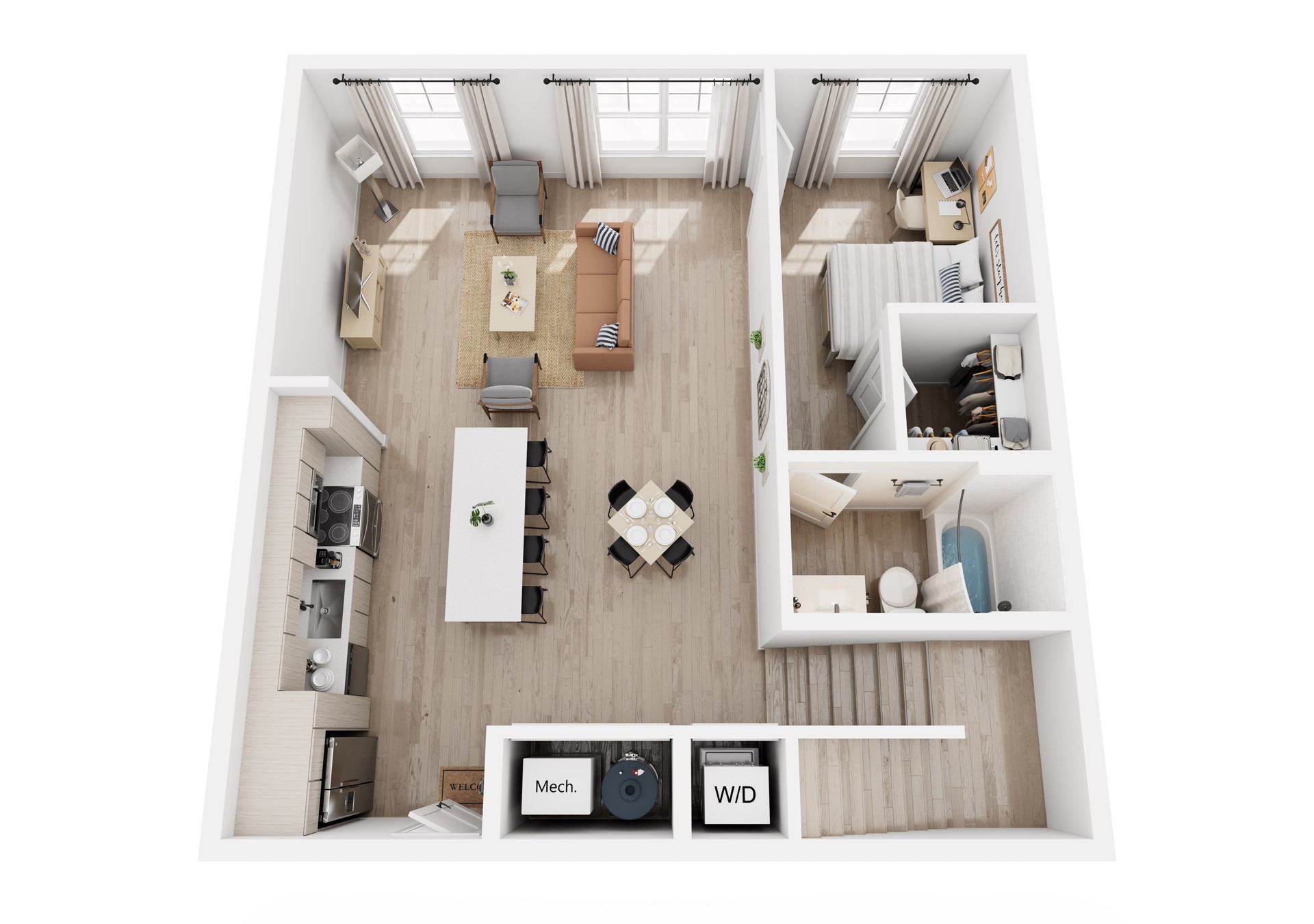 3D rendering of a 4-bedroom D4A apartment, furnished top floor with bedroom, shared living room, kitchen, and bathrooms.