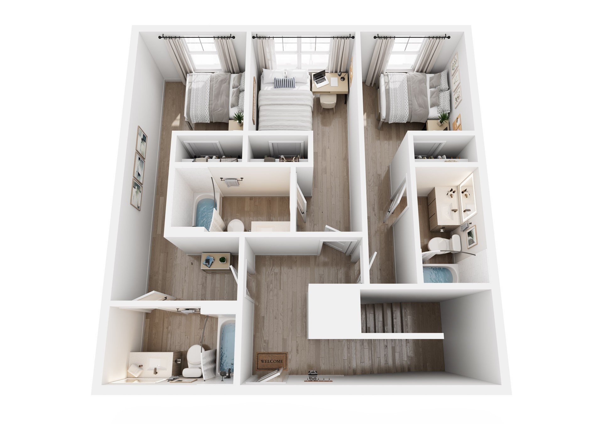 3D rendering of 4-bedroom D4A apartment, furnished three bedrooms and bathrooms on floor two.