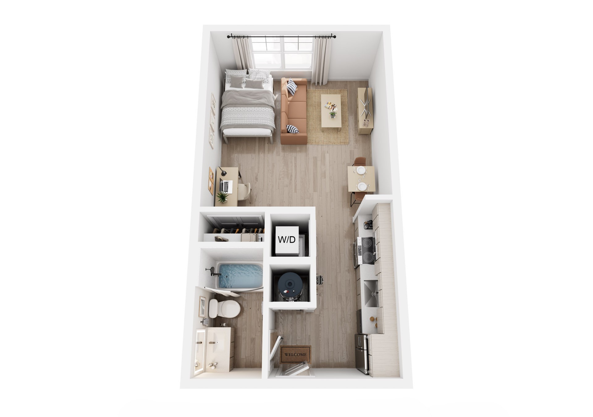 3D rendering of studio S2A apartment, furnished living area, kitchen, and bathroom.