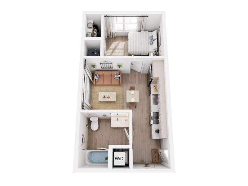 3D rendering of 1-bedroom A1A apartment, furnished bedroom, living room, kitchen, and bathroom.