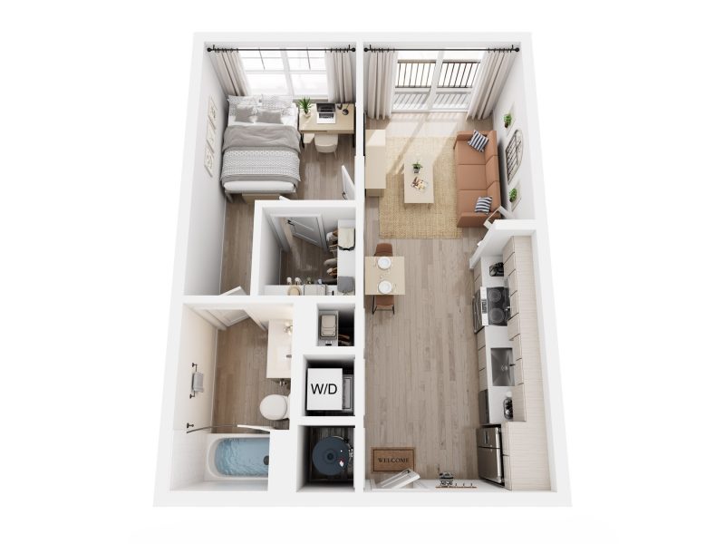 3D rendering of a 1-bedroom A2A apartment, furnished bedroom, living room, kitchen, and bathroom.