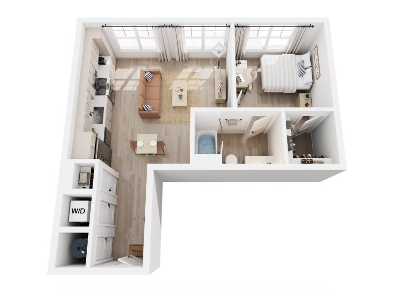 3D rendering of a 1-bedroom A3A apartment, furnished bedroom, living room, kitchen, and bathroom.