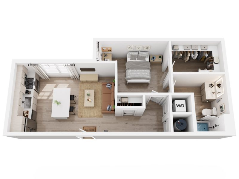 3D rendering of a 1-bedroom A4A apartment, furnished bedroom, living room, kitchen, and bathroom.