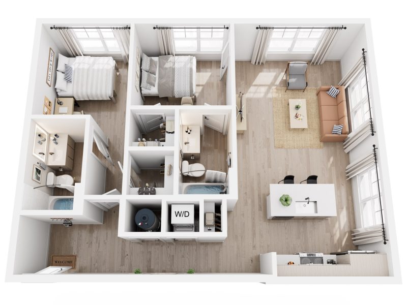 3D rendering of 2-bedroom B1A apartment , furnished bedrooms, shared living room, kitchen, and bathrooms.