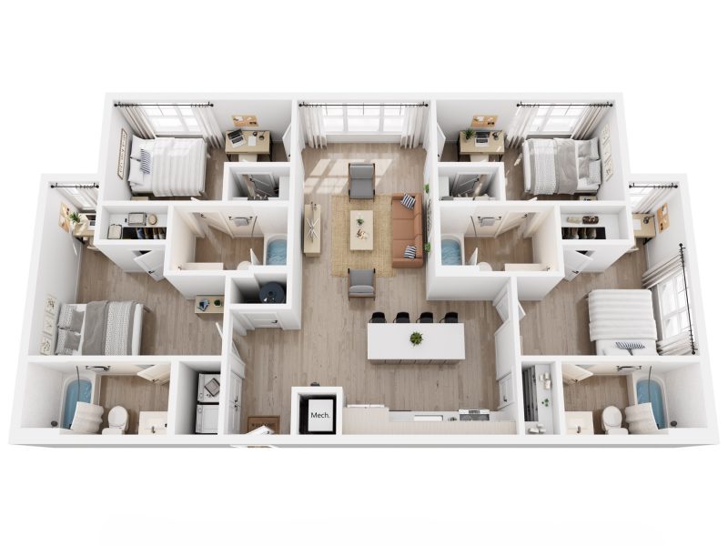 3D rendering of 4-bedroom D1A apartment, furnished bedrooms, shared living room, kitchen, and bathrooms.