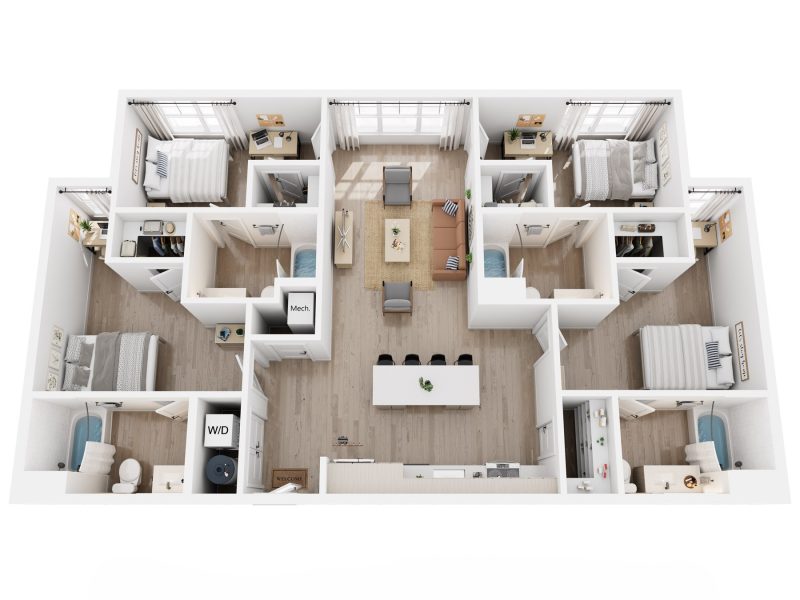 3D rendering of a 4-bedroom D2A apartment, furnished bedrooms, shared living room, kitchen, and bathrooms.