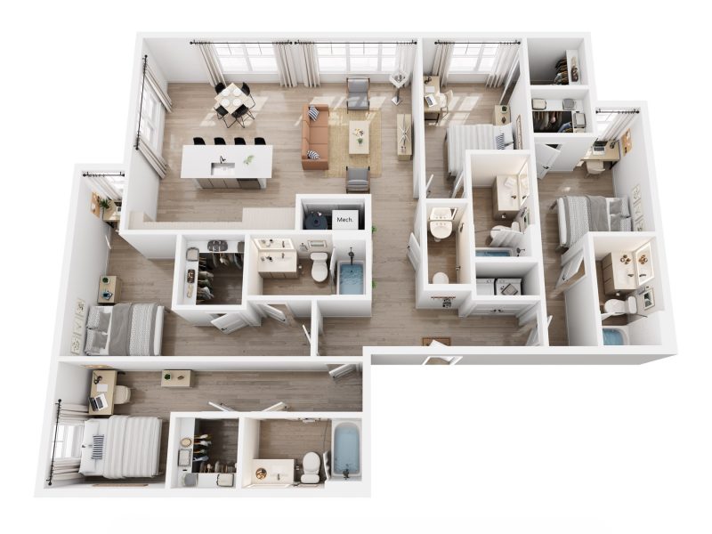 3D rendering of 4-bedroom D3A apartment, furnished bedrooms, shared living room, kitchen, and bathrooms.