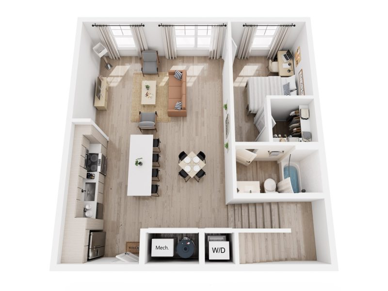 3D rendering of a 4-bedroom D4A apartment, furnished top floor with bedroom, shared living room, kitchen, and bathrooms.