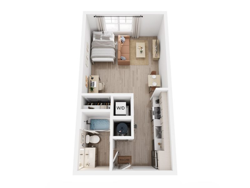 3D rendering of studio S2A apartment, furnished living area, kitchen, and bathroom.