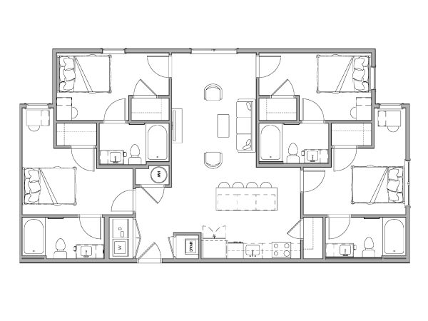 2D floor plan of a two-story 4-bedroom D1B apartment at Brickside, showing the layout of bedrooms, living areas, kitchen, bathrooms, and stairs.