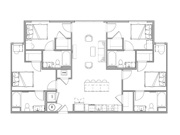 2D floor plan of a two-story 4-bedroom D2A apartment at Brickside, showing the layout of bedrooms, living areas, kitchen, bathrooms, and stairs.