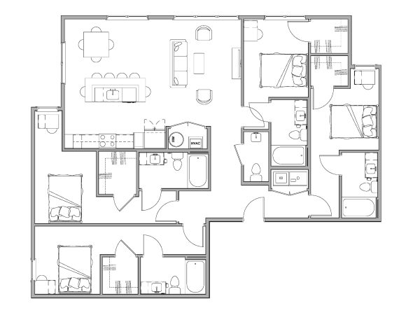 2D floor plan of a 4-bedroom D3A apartment at Brickside, showing the layout of bedrooms, living areas, kitchen, bathrooms, and stairs.
